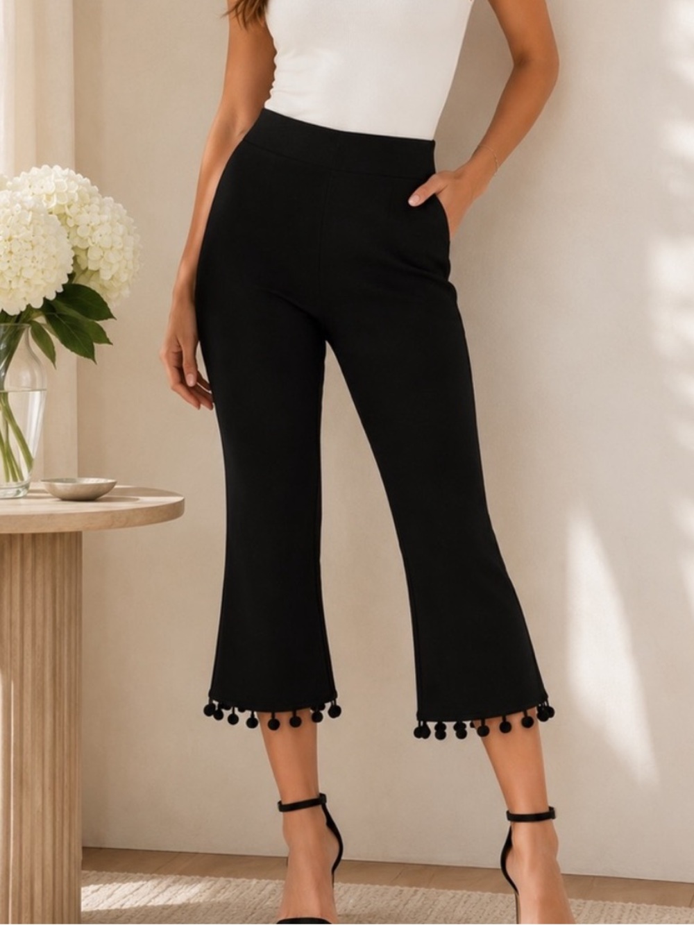 Design Lab Black Kickflare Pom Pom Pant Medium